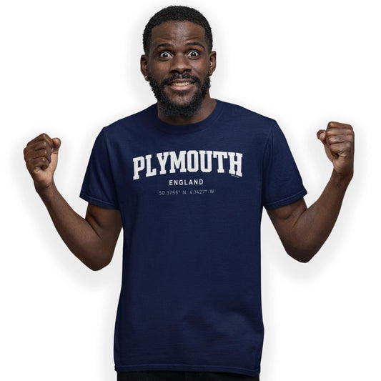 Plymouth Varsity Style Print With Coordinates Hand Printed T-Shirt Size S - 5XL
