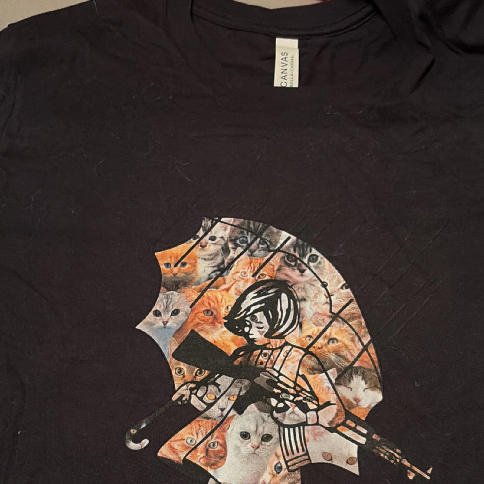Canvas Unisex Black Cats Graphic Print Crew Neck T-Shirt L Cotton Short Sleeve