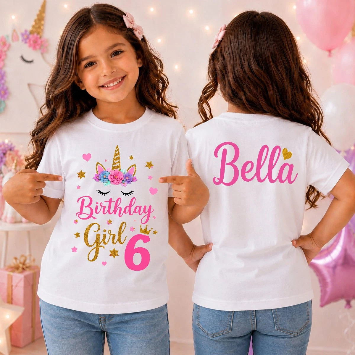 Personalised Birthday Girl Unicorn T Shirt, Custom Name 6th Birthday Tee
