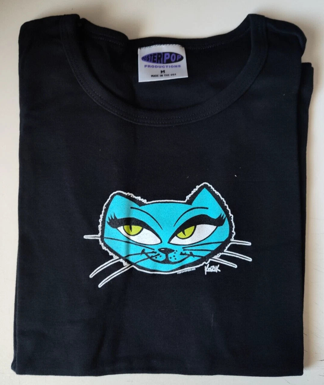 VINTAGE POSTER POP 2002 FRANK KOZIK BLACK RETRO BLUE CAT SIZE M T SHIRT COTTON