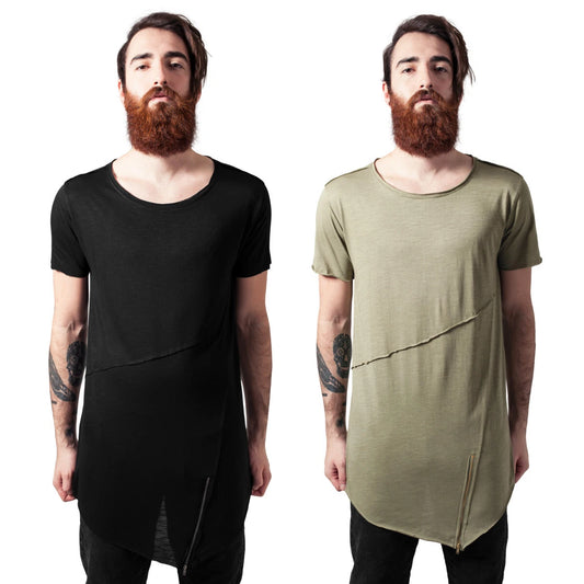 Urban Classics Long Open Edge Front Zip Tee Mens T-Shirt Cotton Slub Jersey