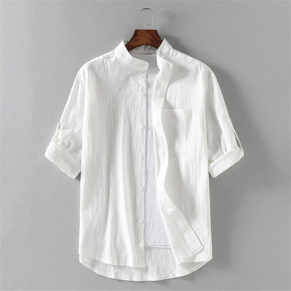 Men's Linen Shirt Casual Slim Shirts Short Sleeve Button Down Tops Blouse