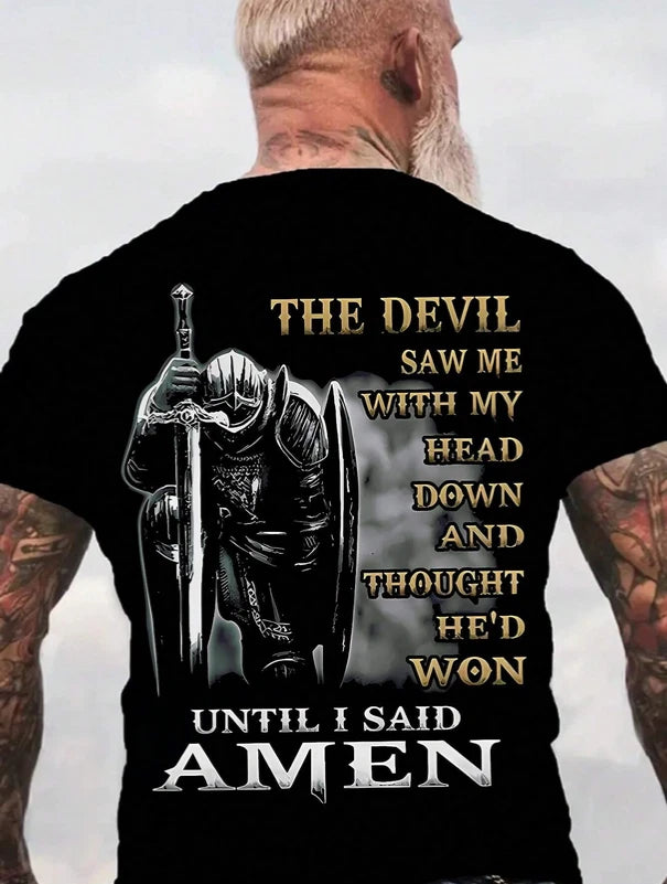 Men's Christian T-Shirt The Devil Saw Me Knight Amen Graphic Tee Black Cotton