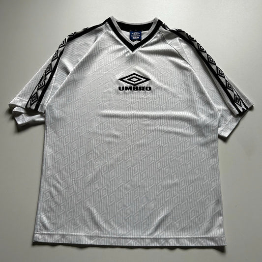 Vintage 90s Umbro Shirt Sz Large White Diamond Pattern Soccer Jersey Center Logo