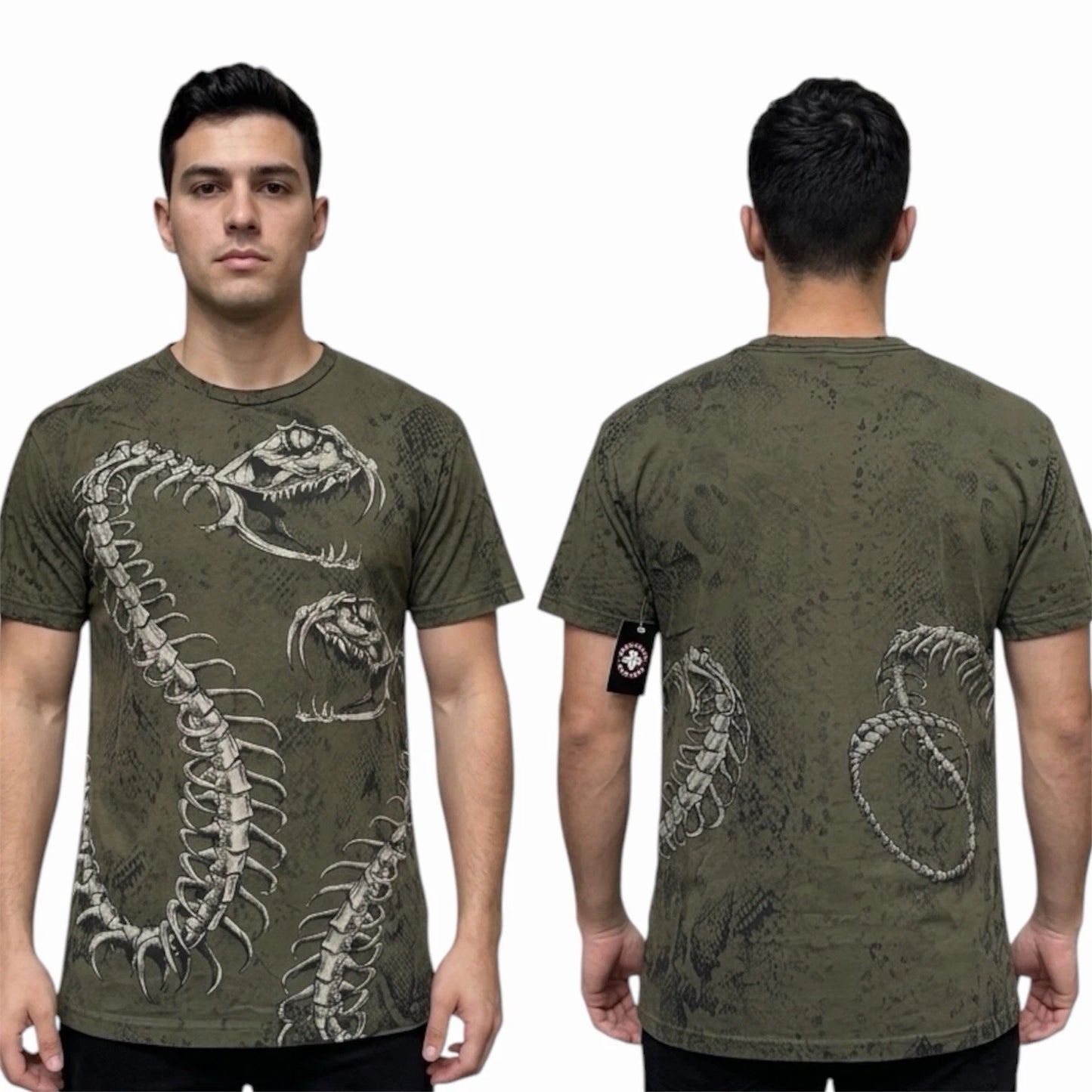 $58 AFFLICTION Military Green SKELETAL SNAKE Short Sleeve Slim Fit Y2K T-shirt