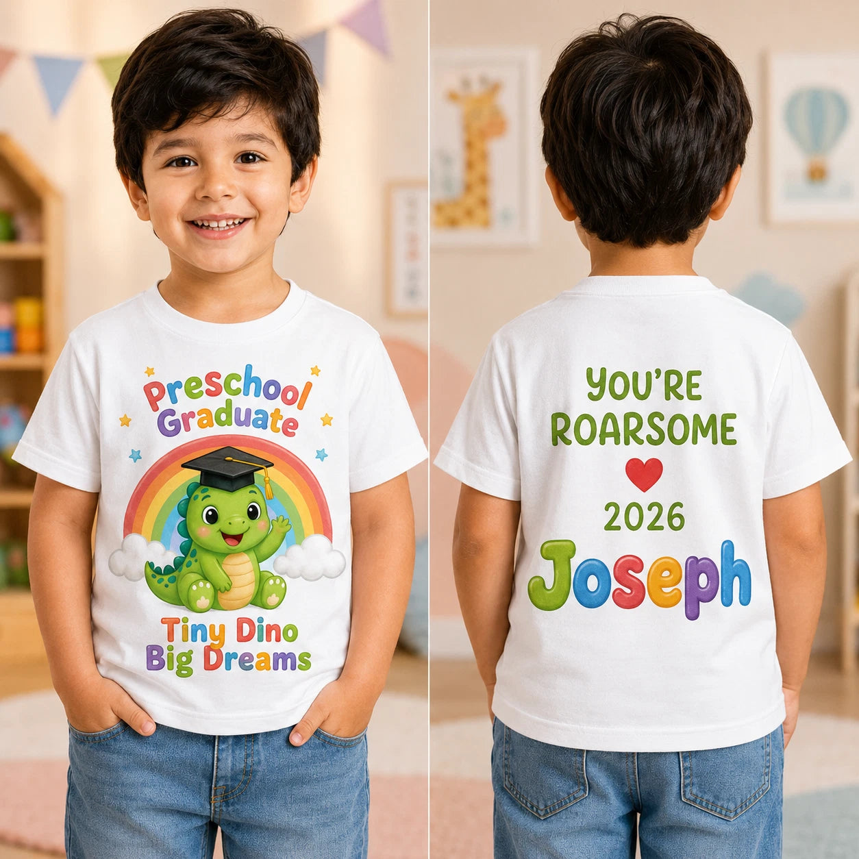 Personalised Preschool Graduate T Shirt, Nursery Graduation Dino Gift