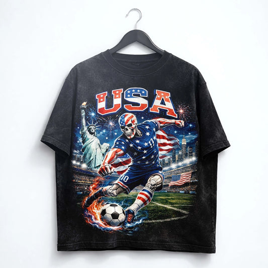 USA Soccer Skull Washed T Shirt American Flag World Cup 2026 Tee