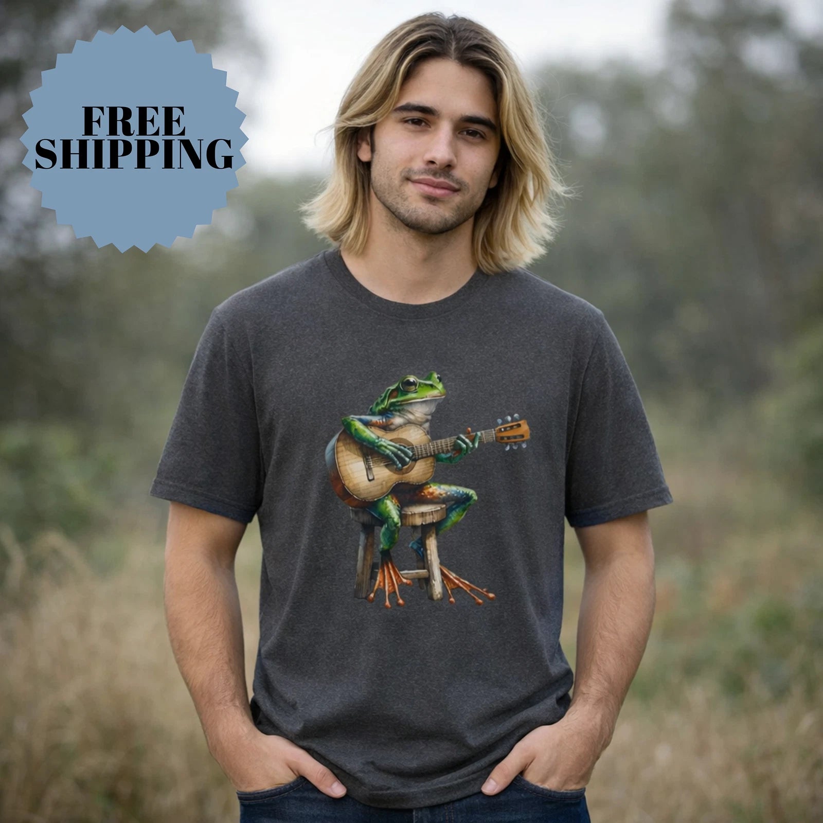 Music Lover T-Shirt Funny Frog Playing Acoustic Guitar Retro Graphic 70's Vibe