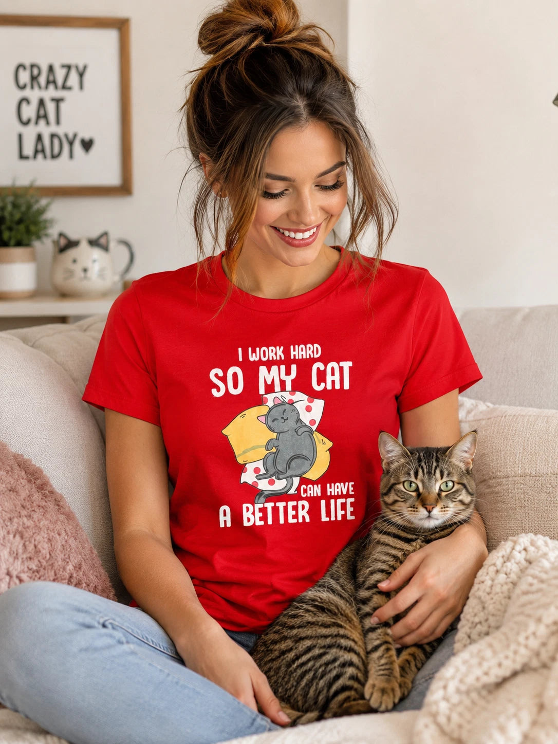 SHEIN Cat Graphic T-Shirt Small Red Funny Cat Lover Tee I Work Hard Better Life