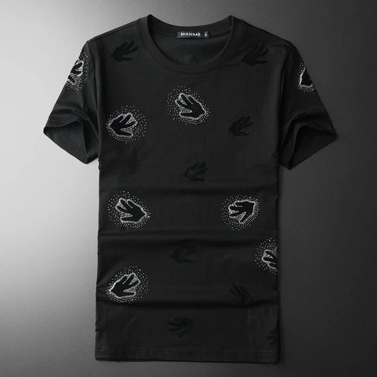 New Men Luxury Diamond Hands Rhinestones Fashion Black T-Shirt High Quality