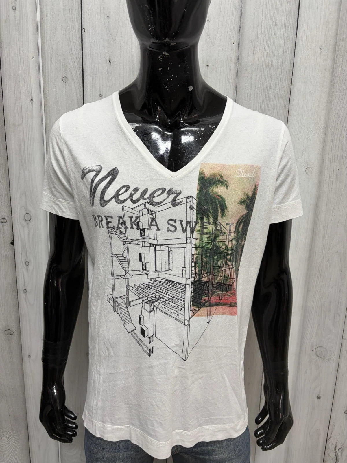 T-Shirt Uomo Diesel V-Neck Graphic Print Bianca Cotone Casual Designer Taglia L