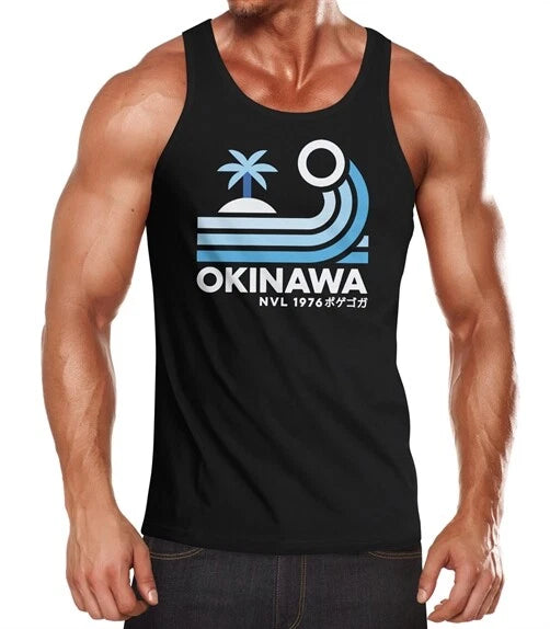 Mens Tank Top Japan Okinawa Script Retro Palm Tree Wave Muscle Shirt Muscle