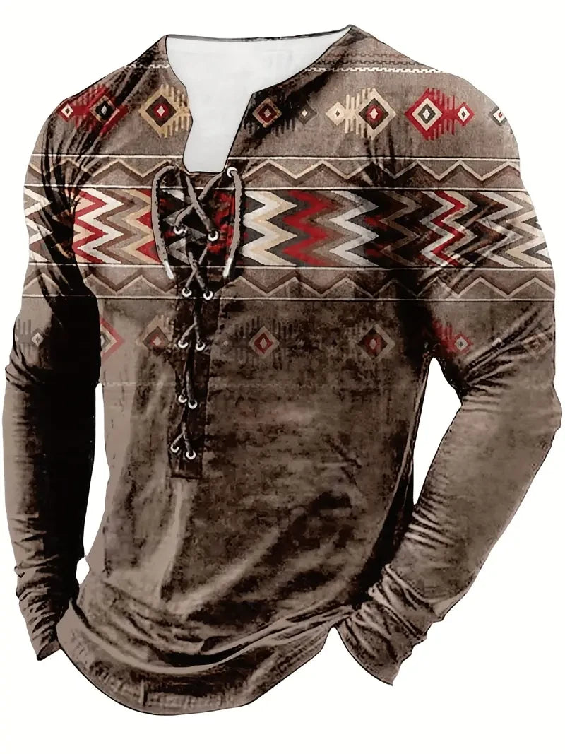 Ethnic Style Gradient Pattern  Stylish Long Sleeve Henley Tee String Clothing
