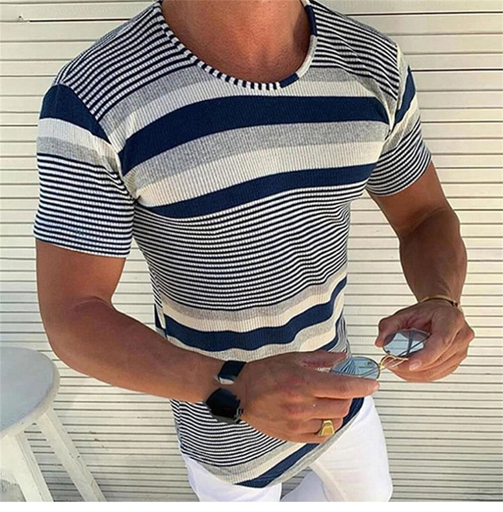 Mens Knitted T-Shirt Casual Sports Solid Short Sleeve Slim-Fit Shirts