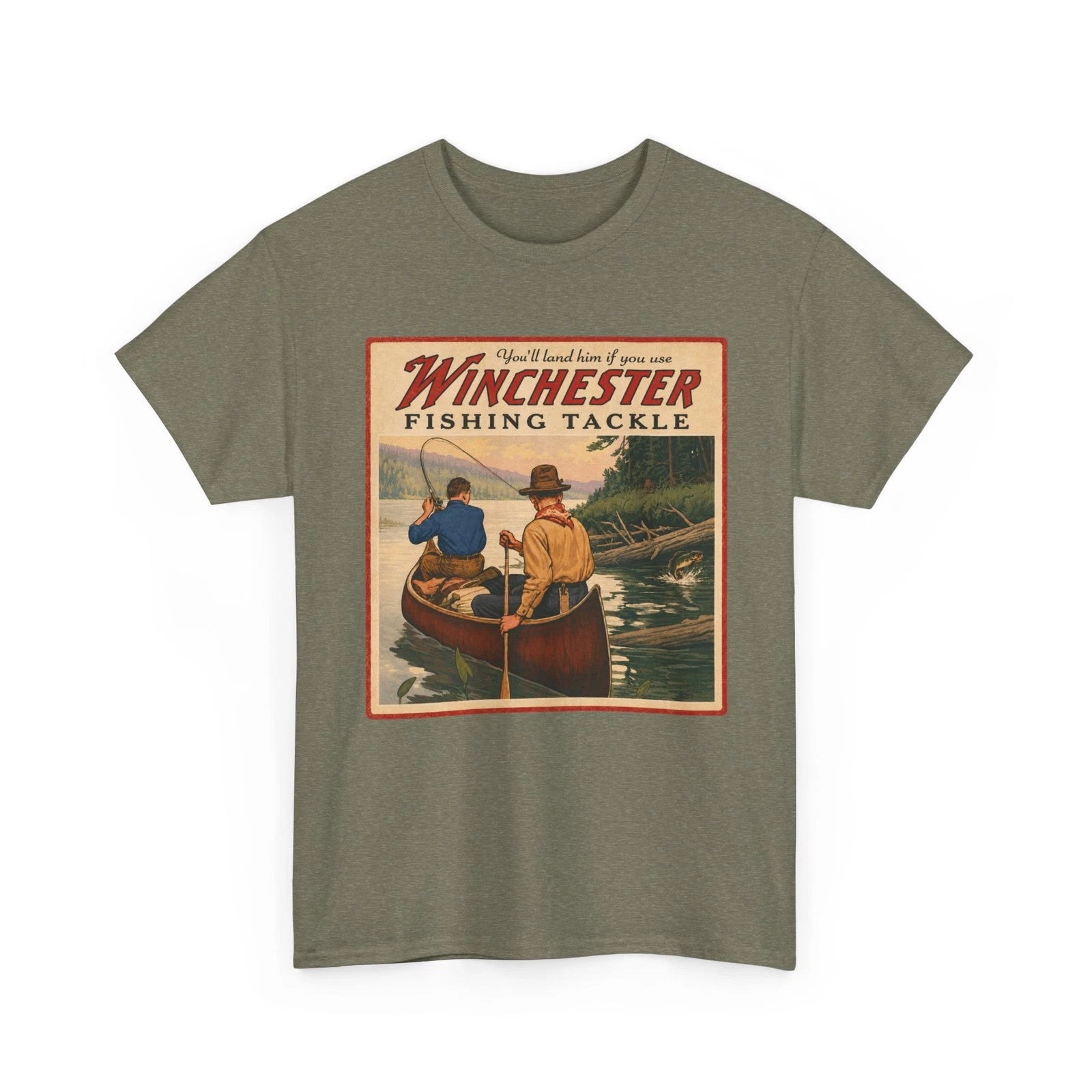 You'll Land Him If You Use Winchester Fishing Tackle Retro Canoe Scene T-shirt