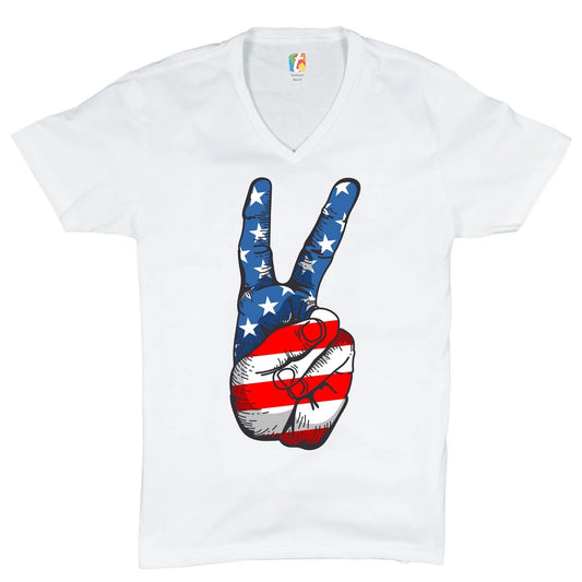 Patriotic Victory Sign V-Neck T-shirt American Flag USA Independence Day Tee