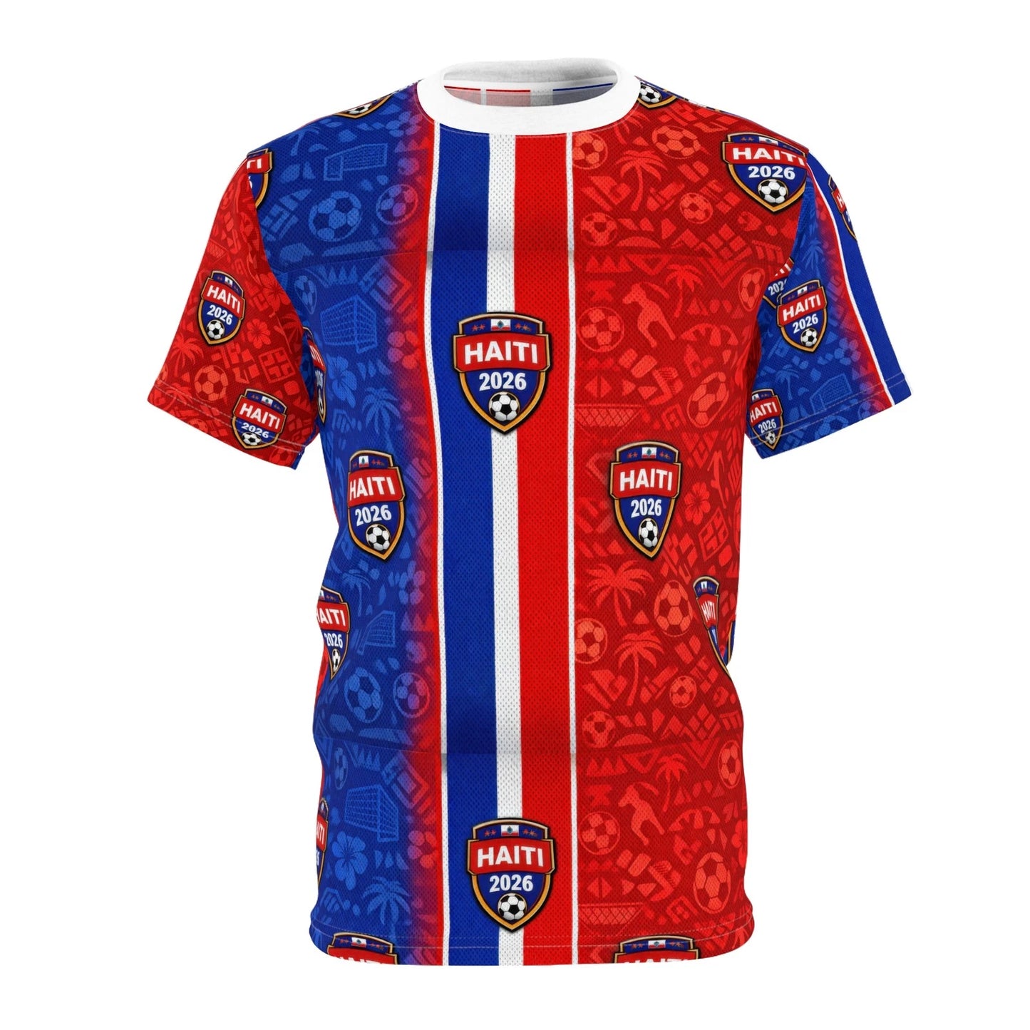 Haiti 2026 Soccer Crest Tee | Red Blue Stripe All-Over Print