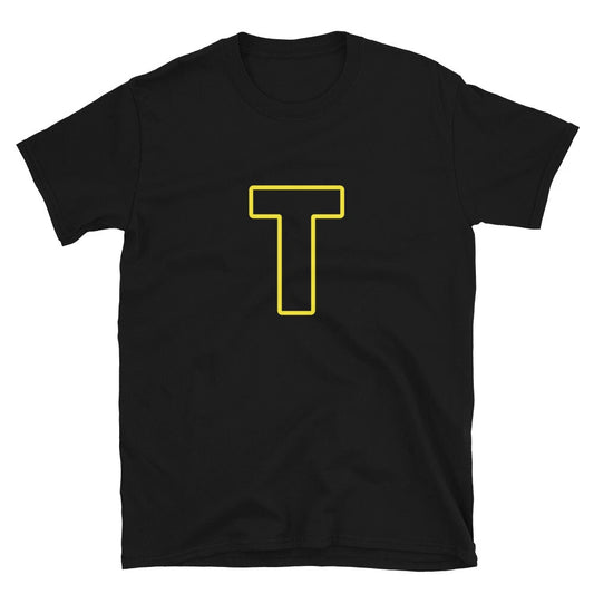 Letter  T Yellow Bold Font Simple Black T-Shirt