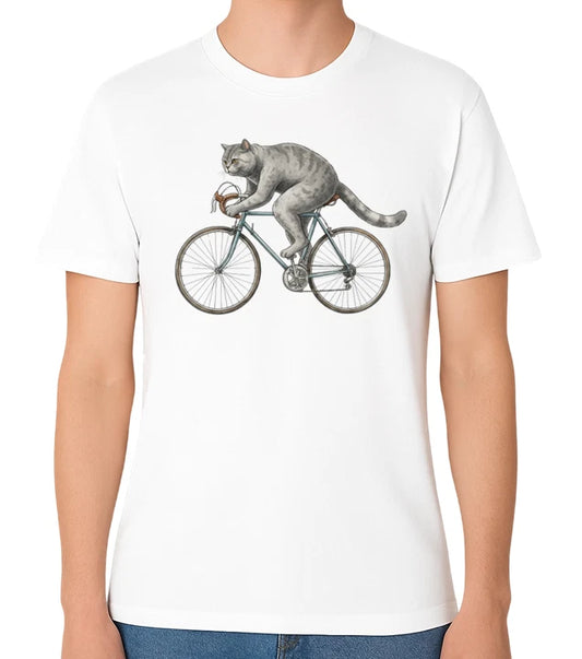 Vintage Cycling Cat on Bicycle Unisex T-Shirt Retro Animal Graphic Bike Tee