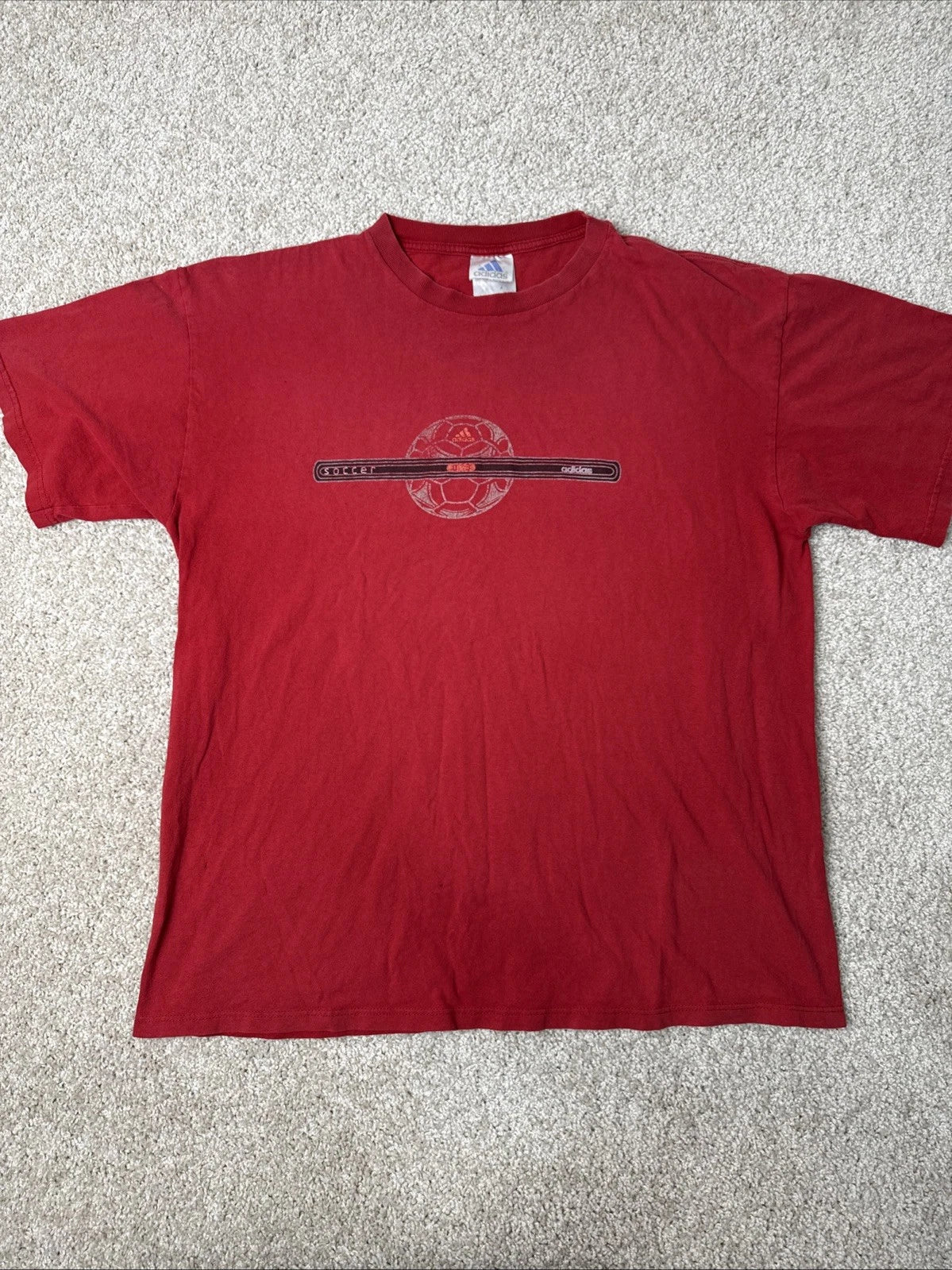 Vintage Adidas Red Soccer Graphic Tee Front Back Hit T-Shirt Size L