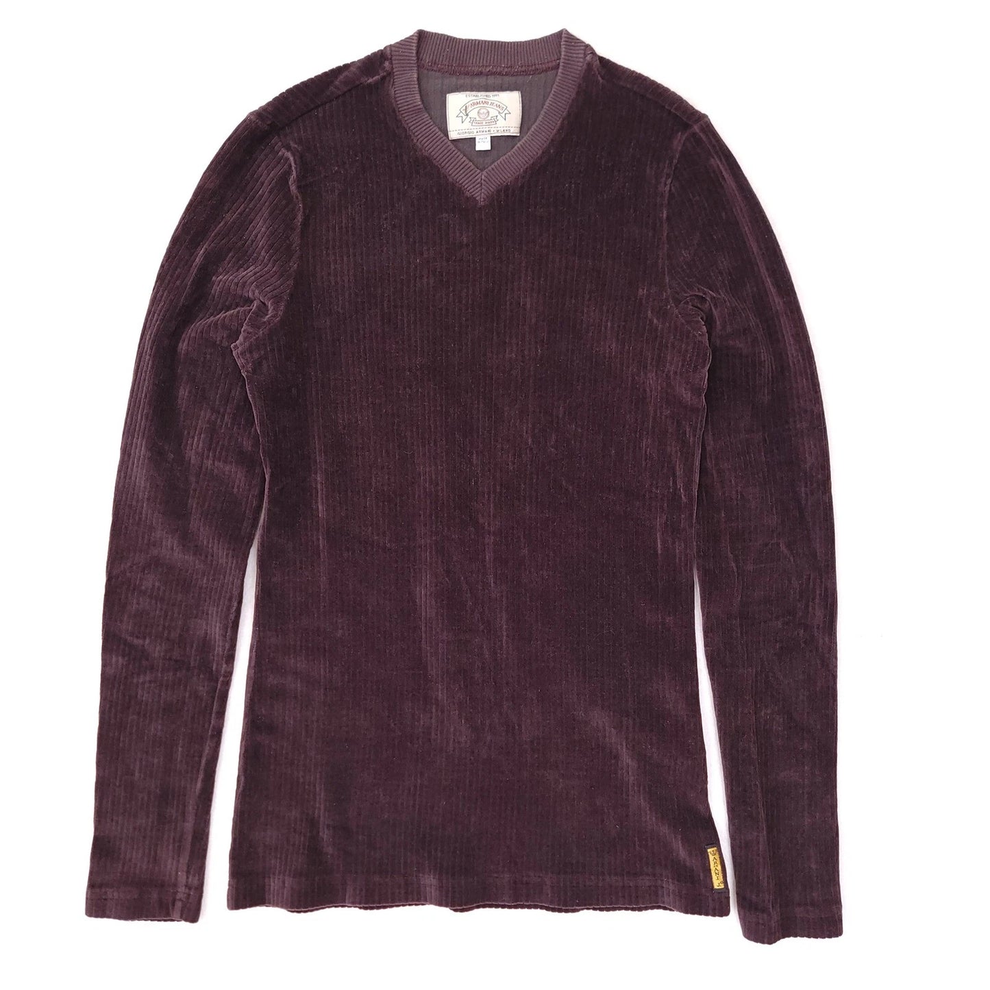Armani Jeans Mens Corduroy V-Neck Long Sleeve Top Brown Burgundy Italy