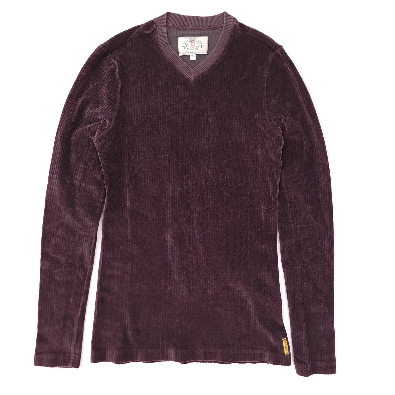 Armani Jeans Mens Corduroy V-Neck Long Sleeve Top Brown Burgundy Italy