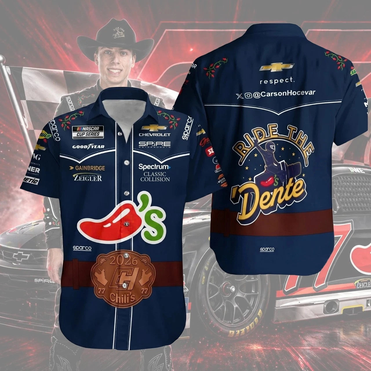 🔥2026 Carson #77 Hocevar Racing Chilis Navy Hawaiian Gift Racing Fans