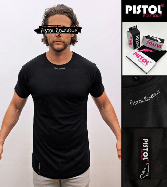 Pistol Boutique Men's Black Plain Blank Long Line Crew Neck Logo Print T-shirt