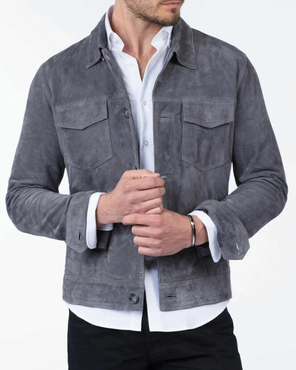 CELEBRITY New Men's Gray Suede Shirt 100% Soft Sheepskin Causal Slim Fit shirt