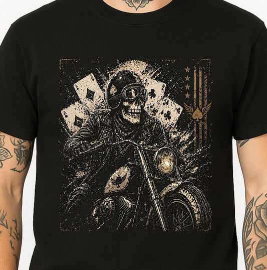 Skull Biker T-Shirt Skeleton Rider Motorcycle Poker Aces Cards Vintage Tee.
