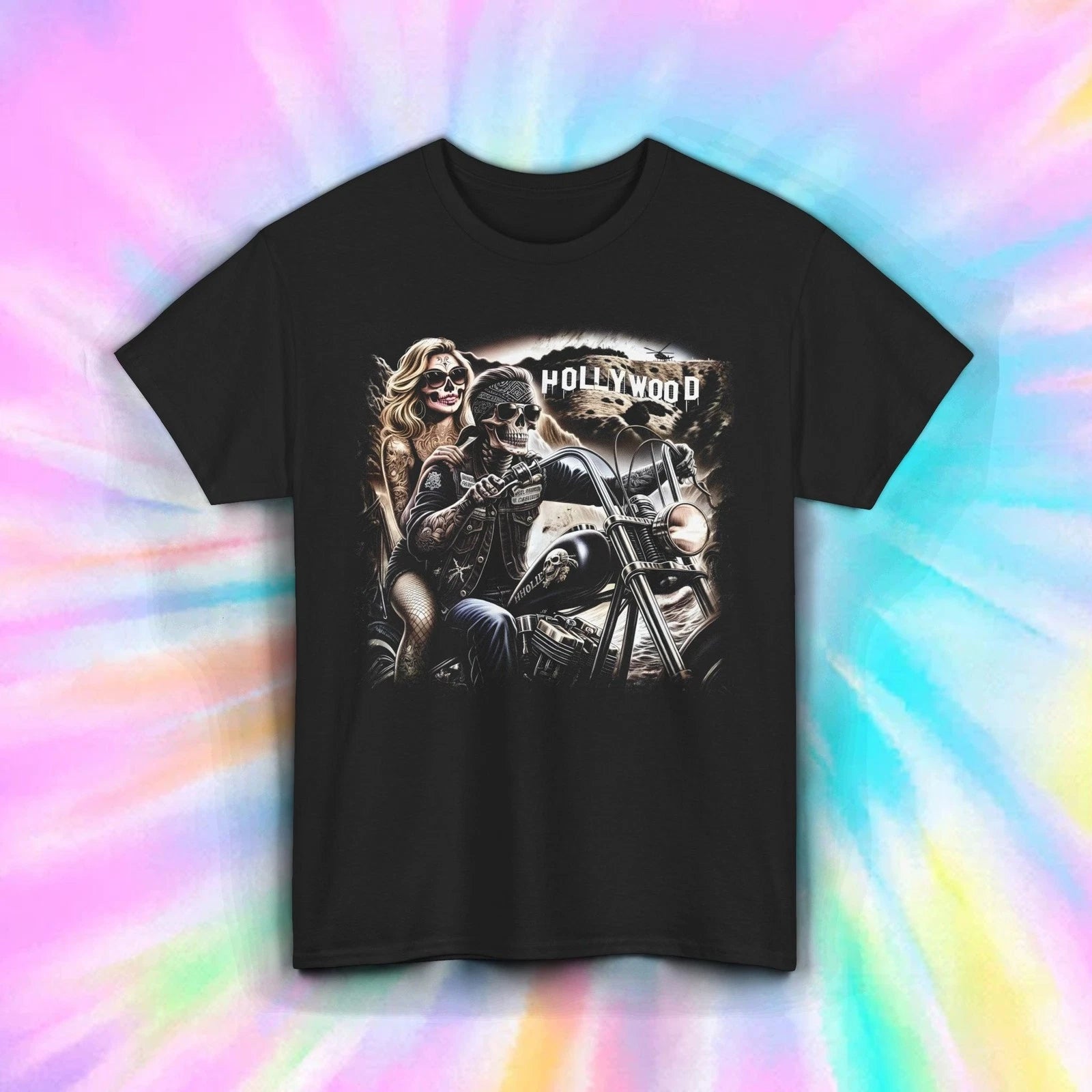Skeleton Biker Shirt Hollywood Ride or Die Tattoo Motorcycle Art Tee S-5XL