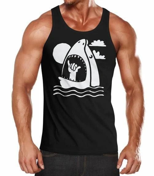 Mens Tank Top Shark Shark Surfer Greeting Shaka Hang Loose Wave Fun Shirt