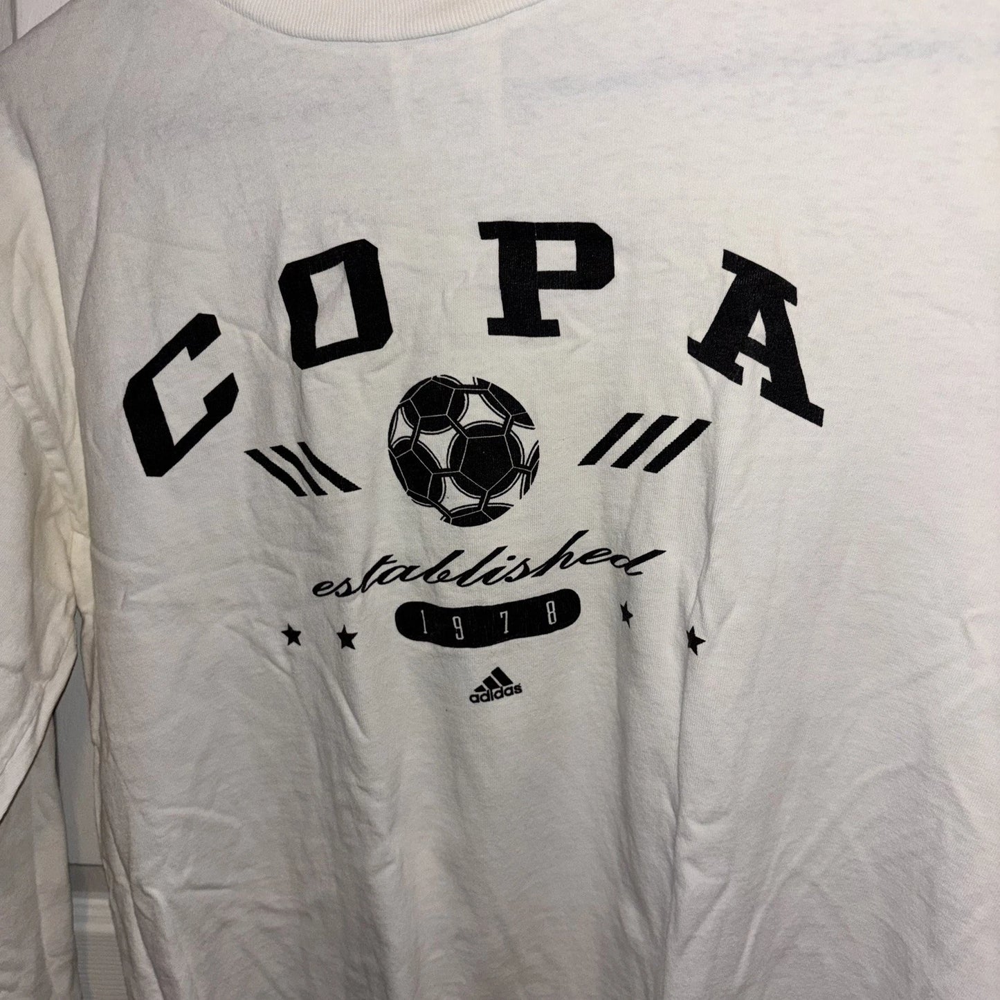 Adidas Size Medium VTG Copa Soccer Long Sleeve T Shirt White 3 Stripes USA MADE