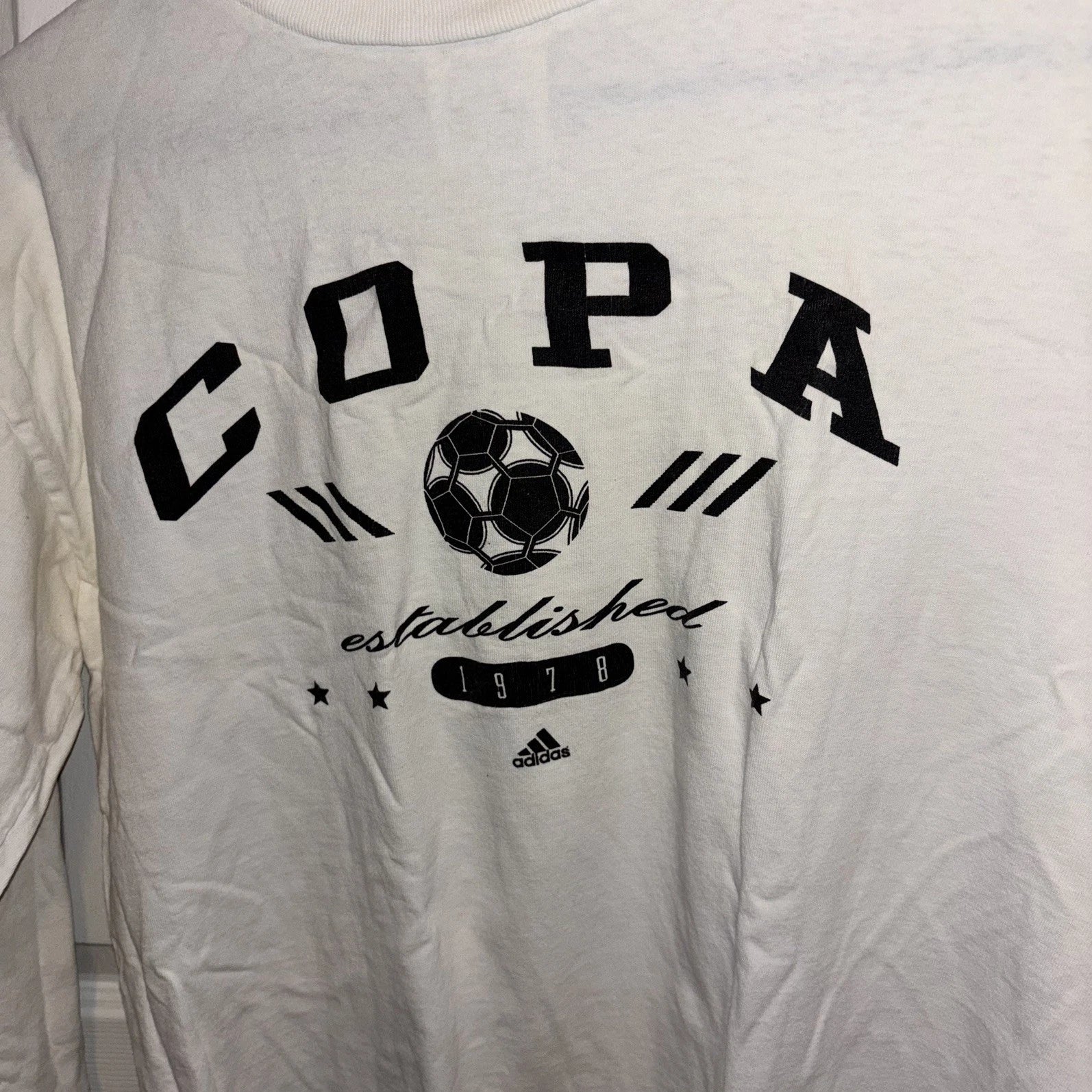 Adidas Size Medium VTG Copa Soccer Long Sleeve T Shirt White 3 Stripes USA MADE
