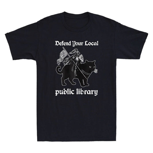 Defend Your Local Public Library Funny Knight With Cat Meme Retro Men's T-Shirt