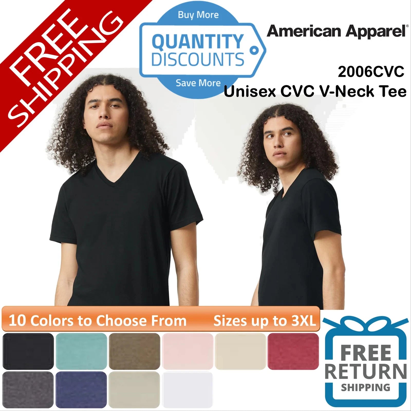 🔥 American Apparel CVC V-Neck Tee Shirt Short Sleeve Up To 3XL 2006CVC