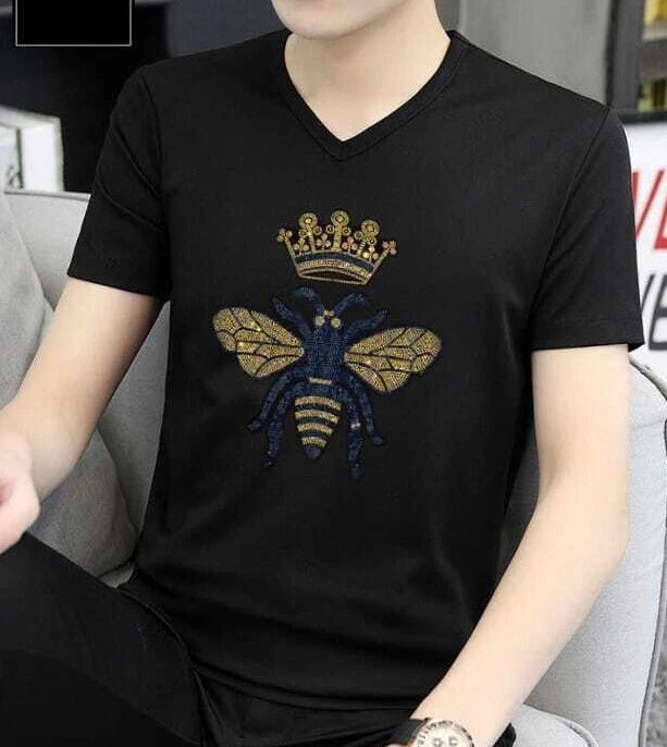 New Men Fashion V-Neck Diamond Bee Crown Rhinestone Luxury Black T-Shirt