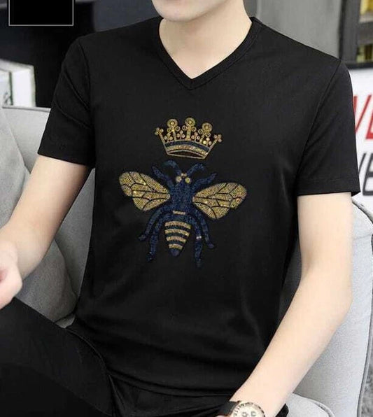New Men Fashion V-Neck Diamond Bee Crown Rhinestone Luxury Black T-Shirt