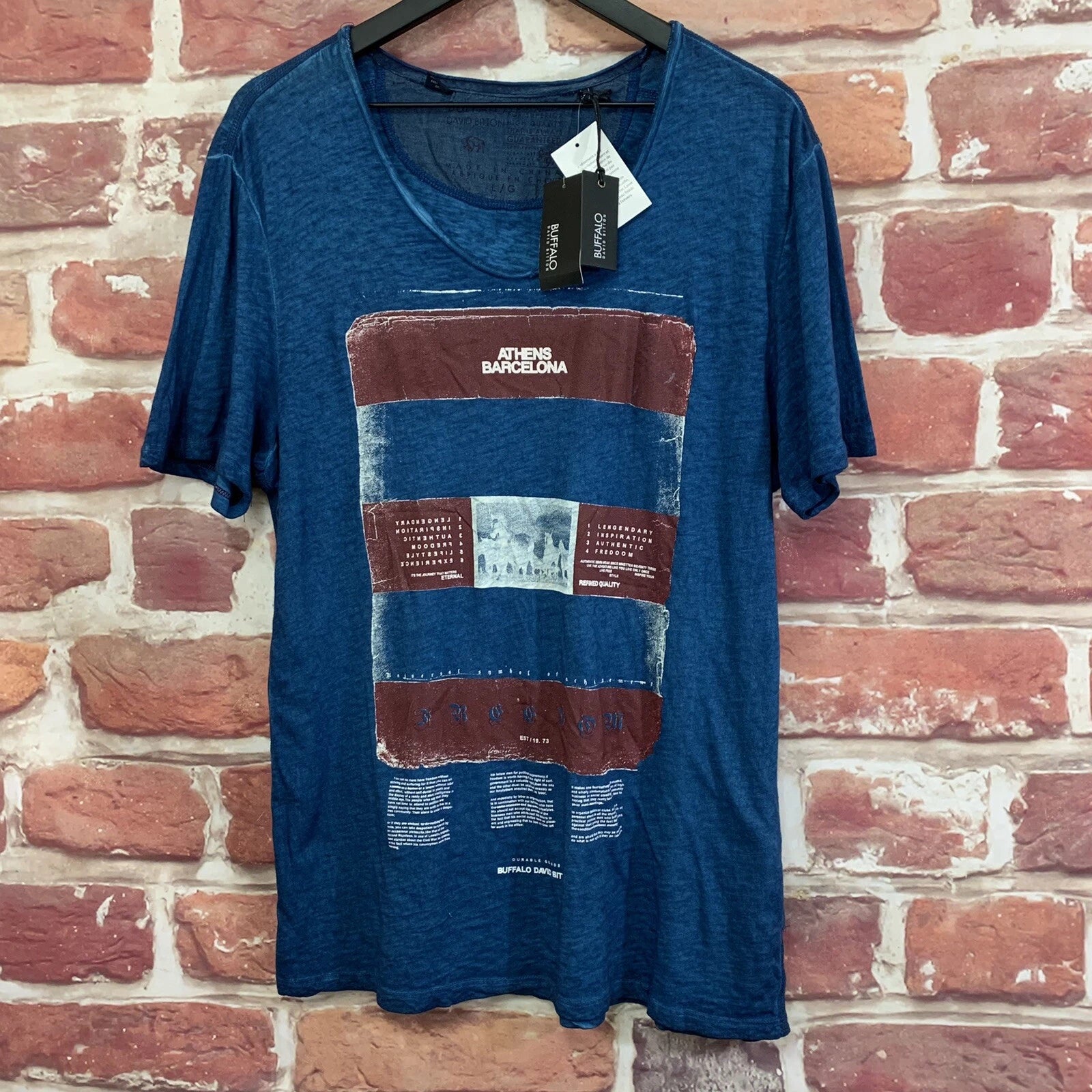 David Bitton Athens Barcelona T Shirt Mens Large Teal Blue Casual Distressed