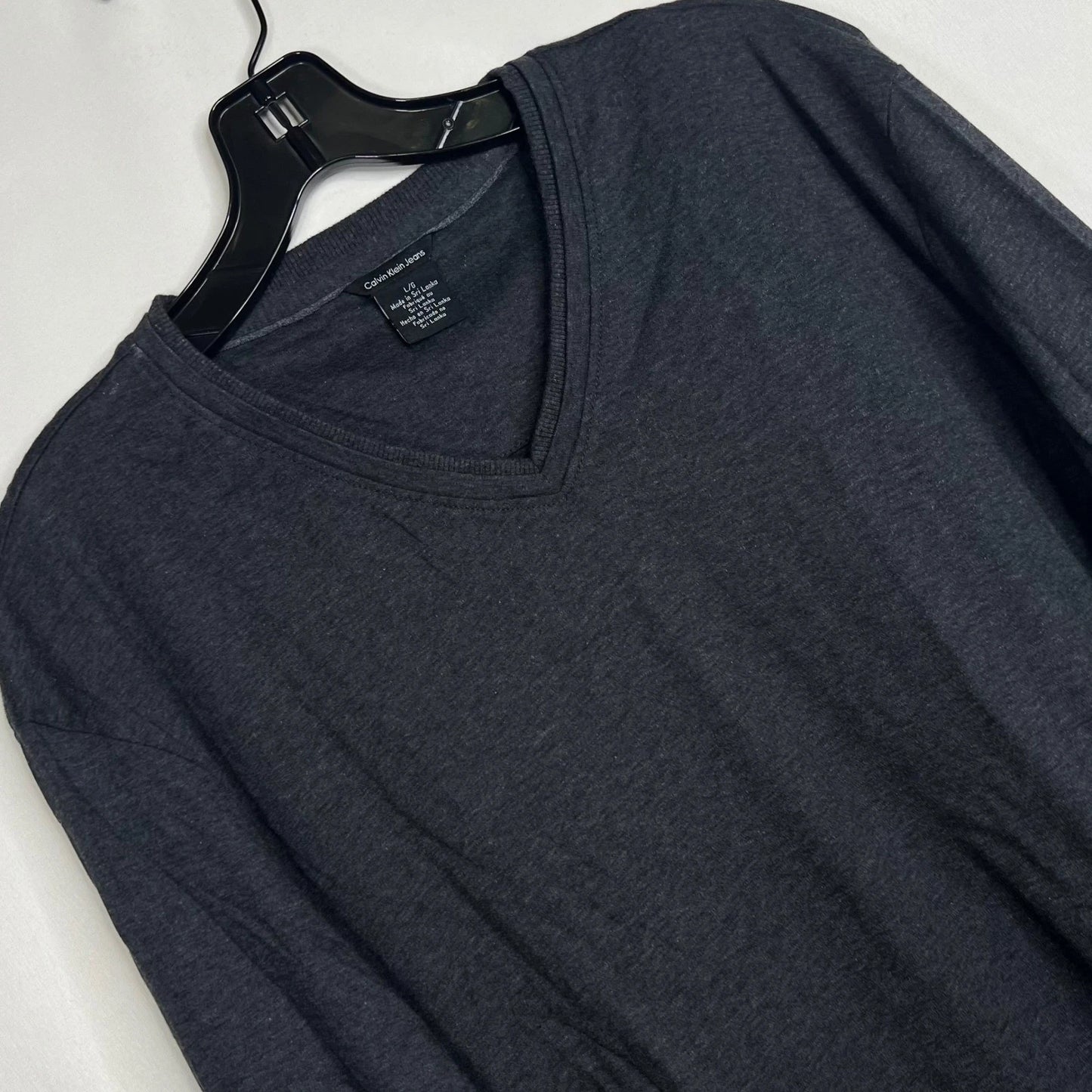 Calvin Klein Charcoal V-Neck Long Sleeve Shirt Men L Cotton Essential Minimalist