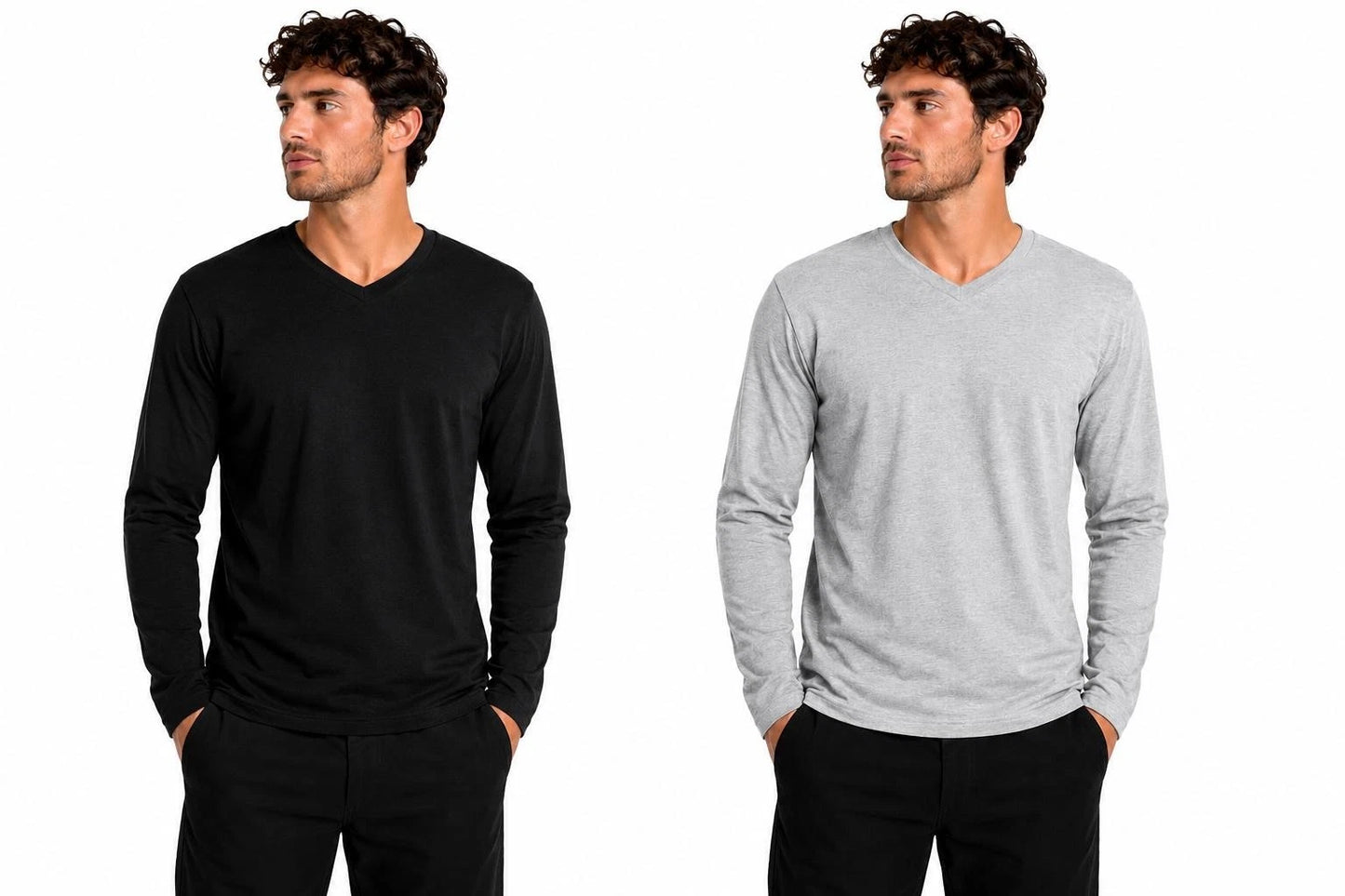 Mens Long Sleeve T-Shirt V Neck Comfortable Slim Fit Cotton Tee Plain Basic Tops