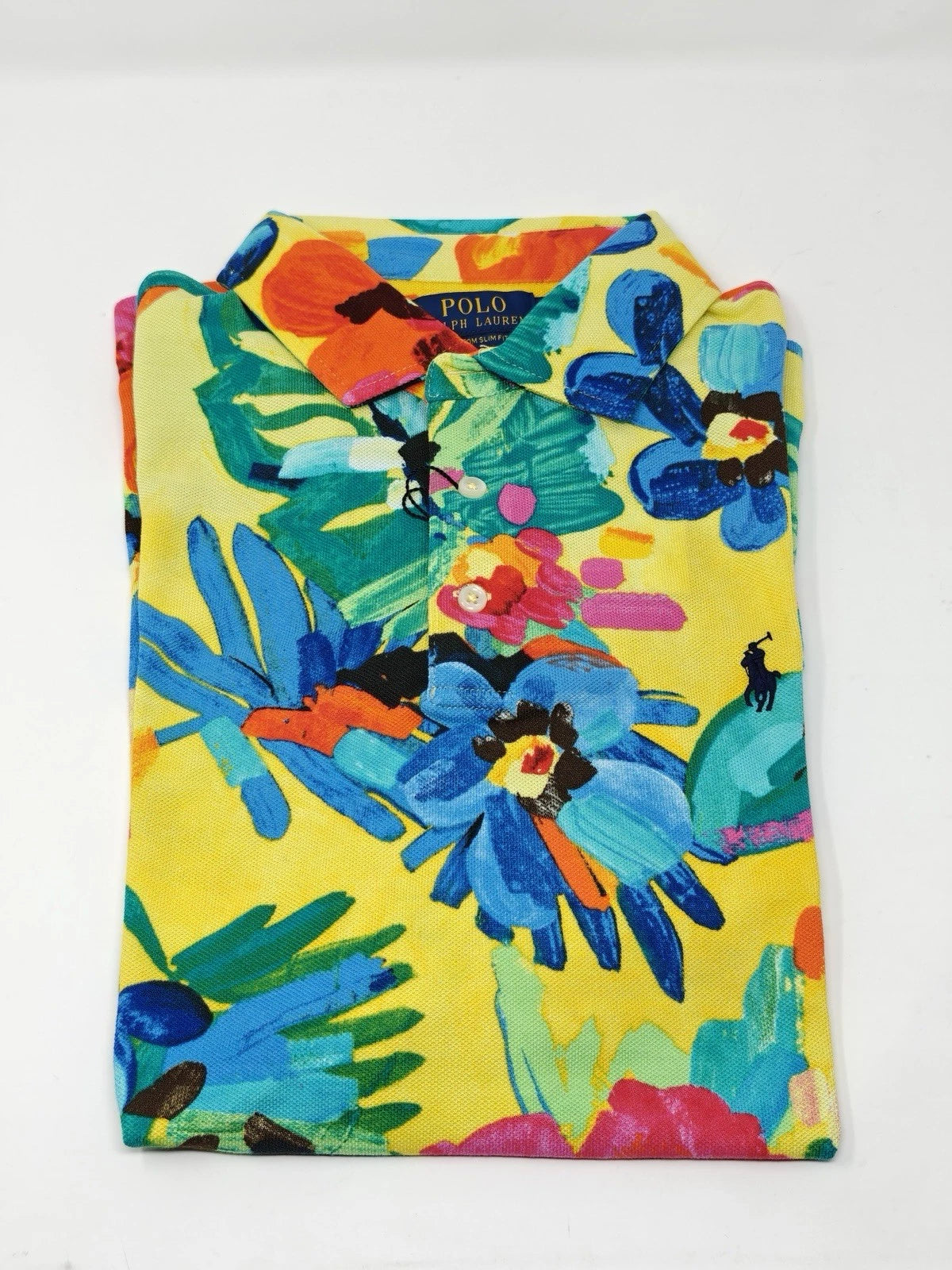 Polo Ralph Lauren Custom Slim Fit Floral Mesh Large Yellow T-Shirt Collar 2917G
