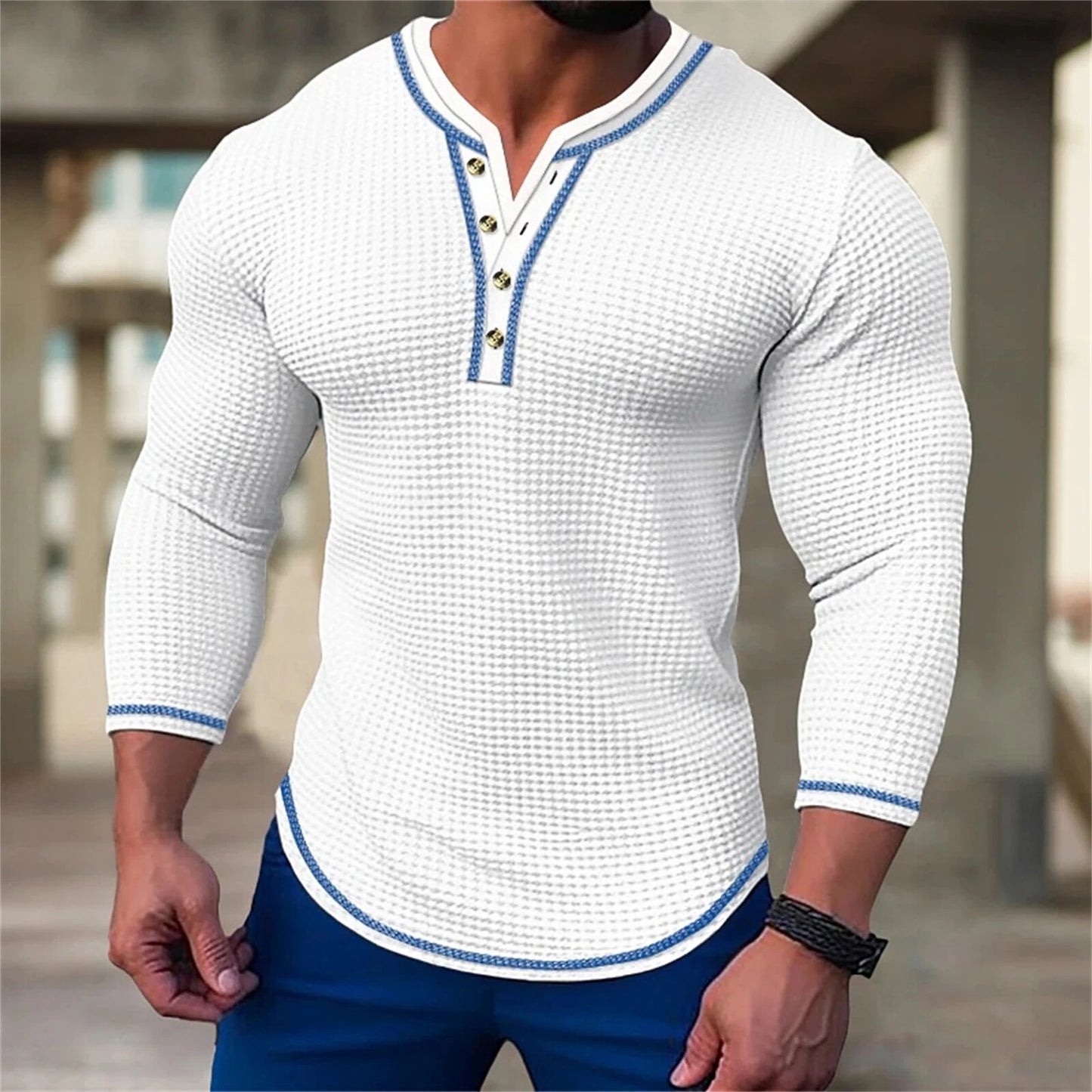 Mens Long Sleeve Henley Shirt Casual Slim Shirts Button Tops Blouse
