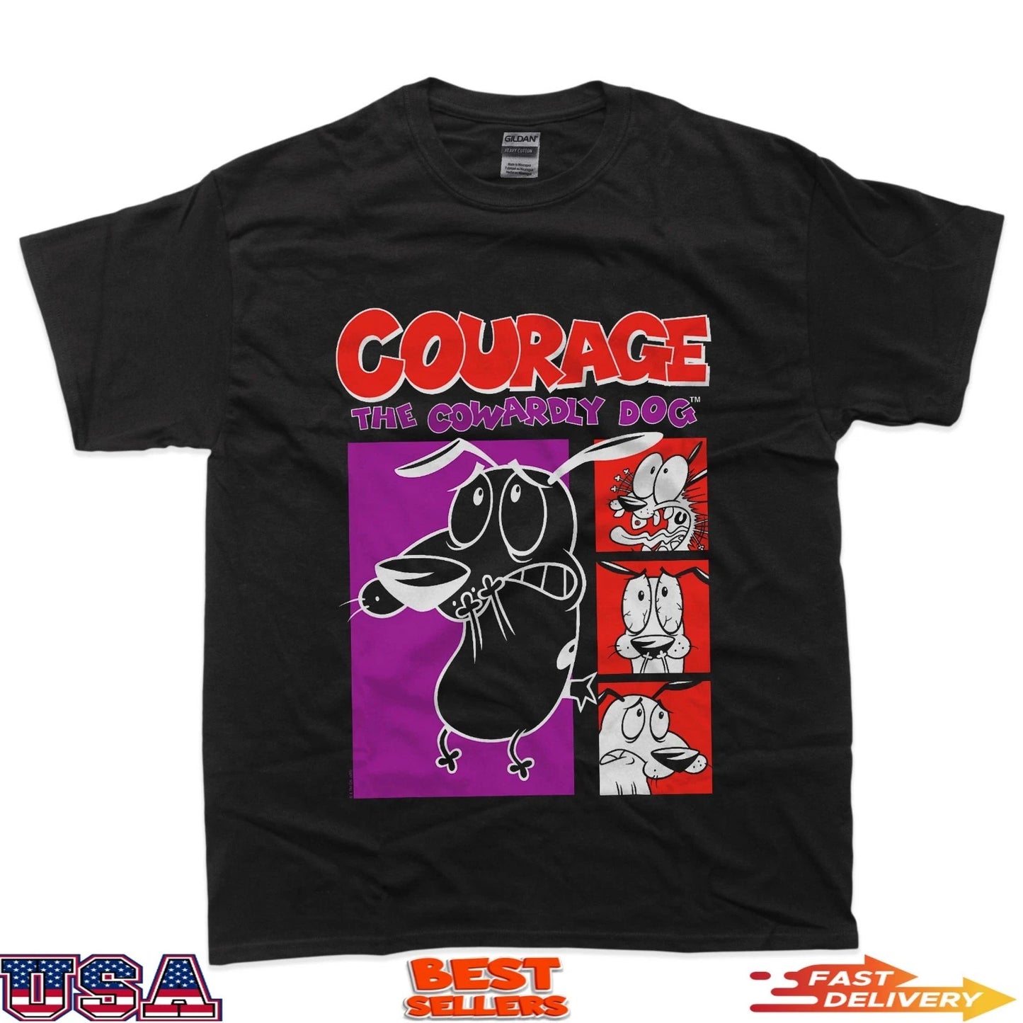 Courage the Cowardly Dog Red and Purple Frames Cartoon T-Shirt
