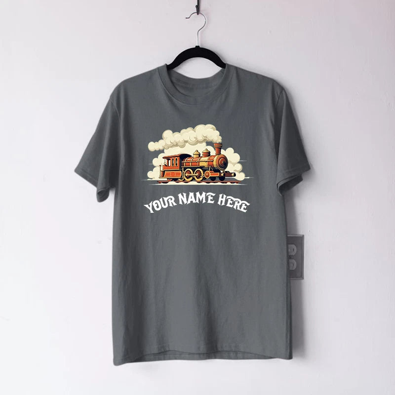 Personalised Custom Name Steam Train T-Shirt Vintage Locomotive Railway Gift