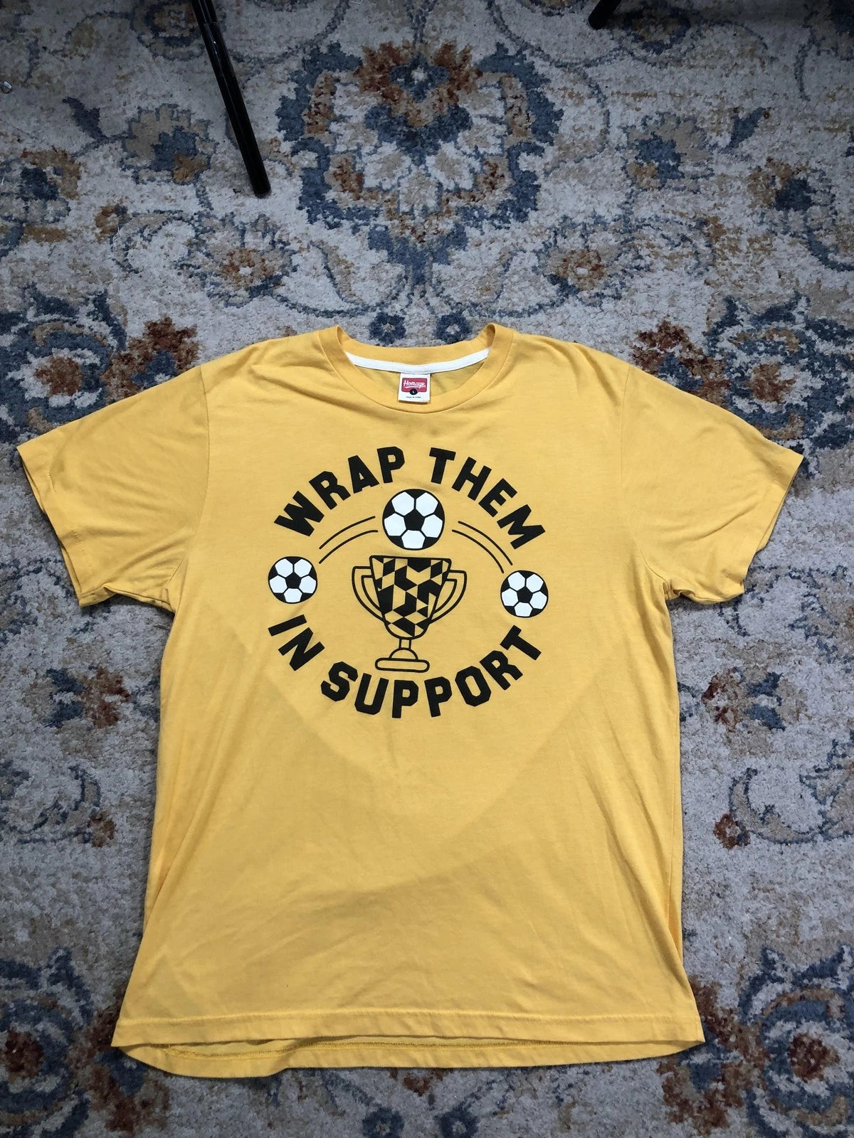 Homage Wrap Them In Support Shirt Mens Large Yellow Soccer Trophy Graphic Tee