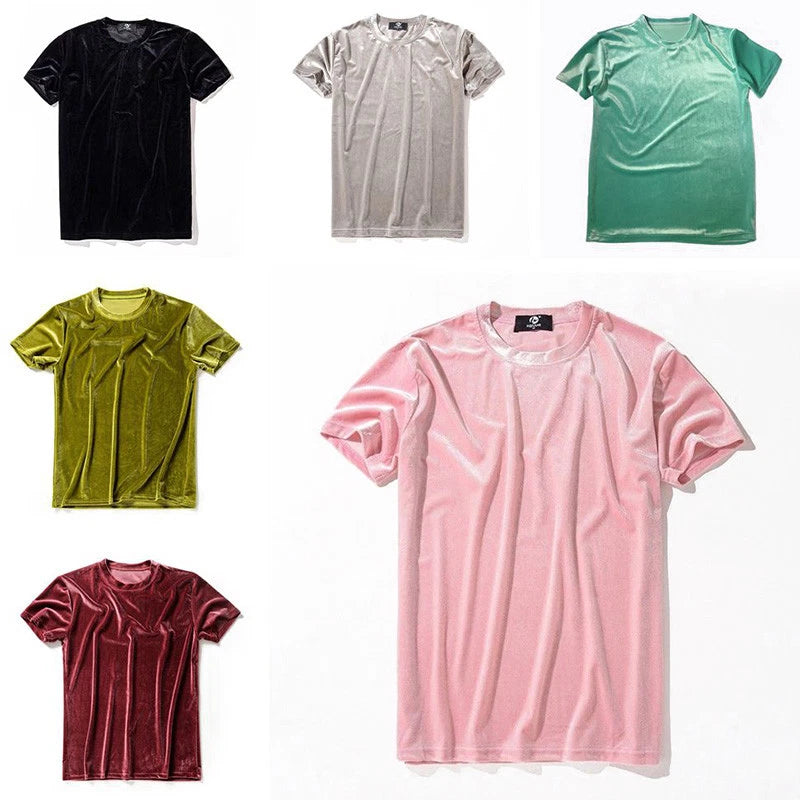 Mens Womens Velvet Short Sleeve T-Shirt Crew Neck Velour Top Tee Shirt Soft Slim