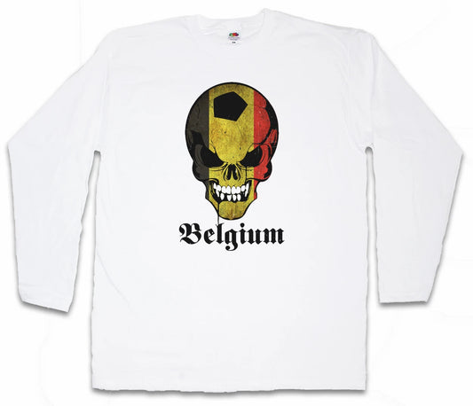 WHITE CLASSIC FOOTBALL BELGIUM SKULL FLAG LONG SLEEVE T-SHIRT Fan Hooligan