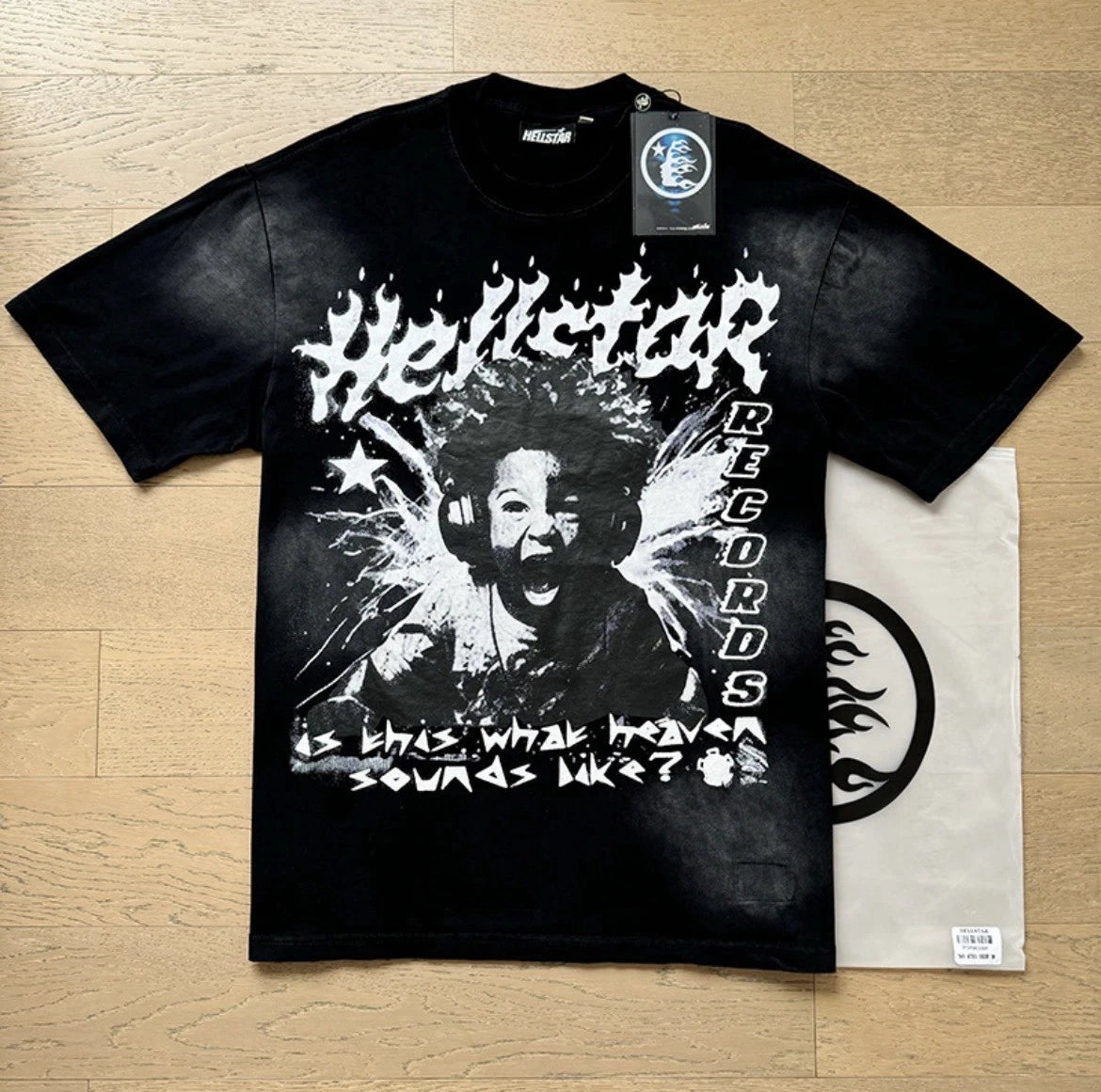 Hellstar Black records Graphic Logo Crew Neck Short Sleeve Men's T-Shirt Size L