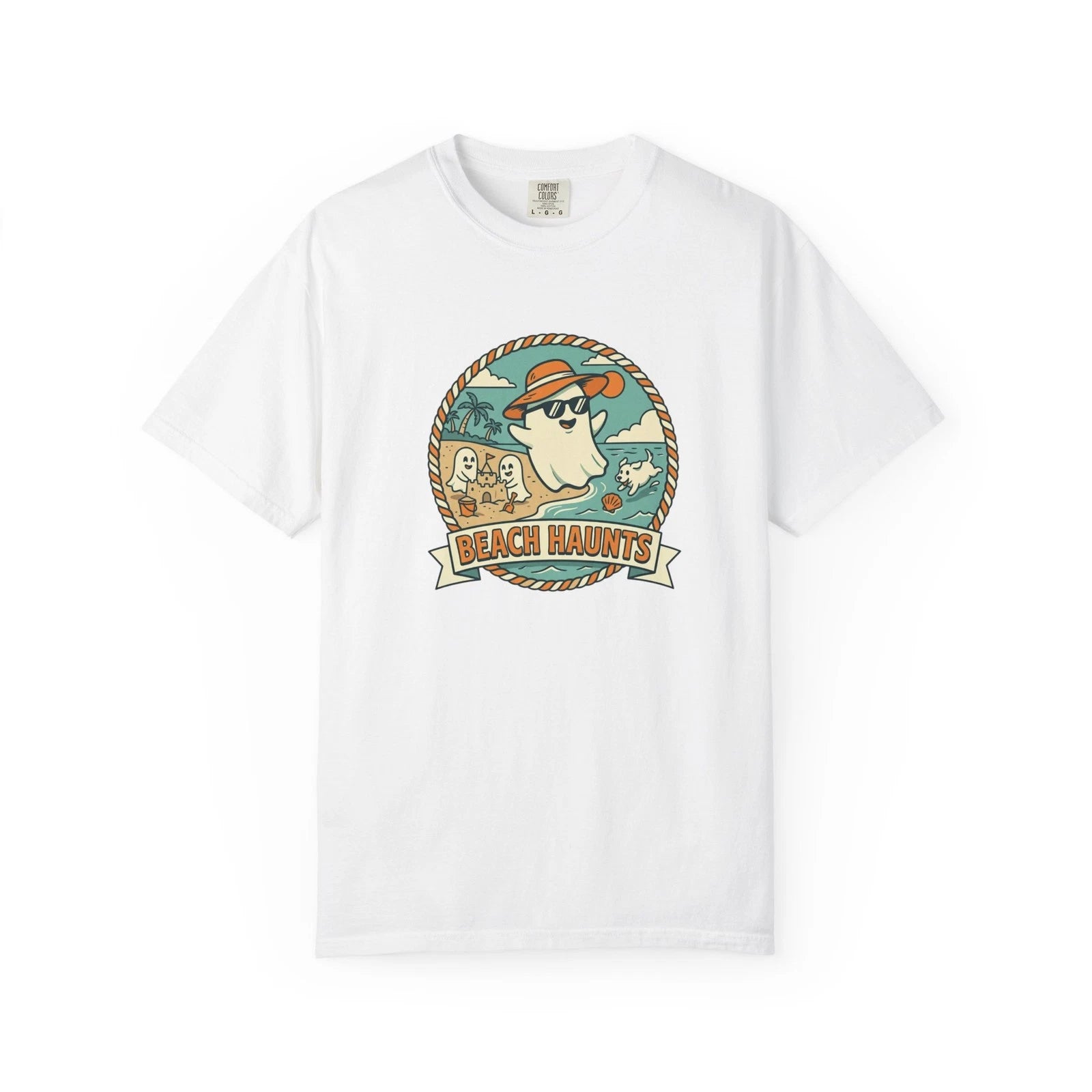 Beach Haunts ghost surfer T-shirt | coastal summer retro design